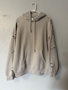 Women's Distressed Hoodie - Light Taupe